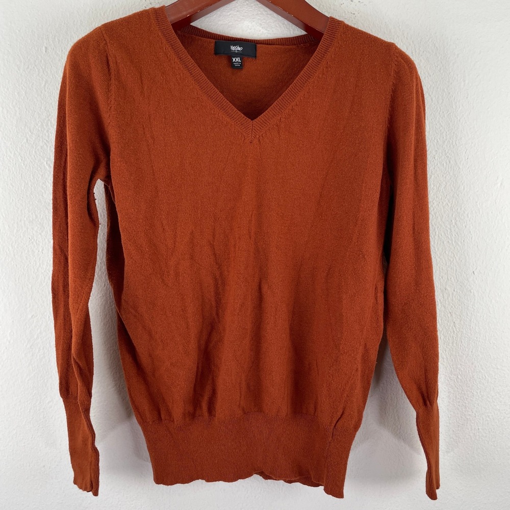 Womens XXL V-Neck Long Sleeve Knit Sweater Burnt Orange Rust Fall Dark Academia